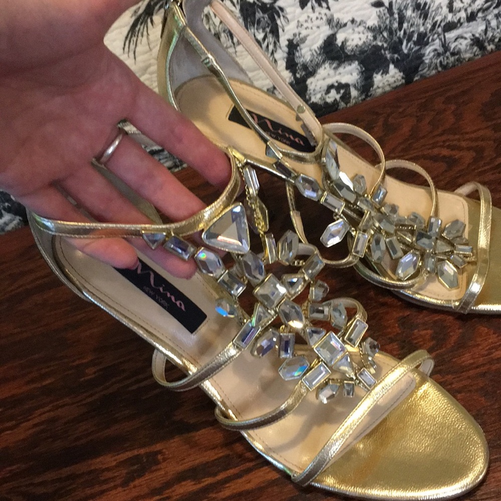 Nina shoes Stiletto heels gold Bejeweled Wedding special occasion size 10